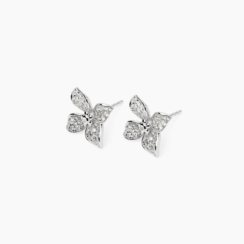 Orecchini a lobo in argento con fiore in zirconi - 563983