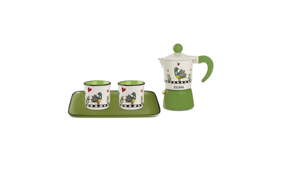 SET MOKA CON 2 BICCHIERINI E VASSOIO COCORICO' VERDE - 228090