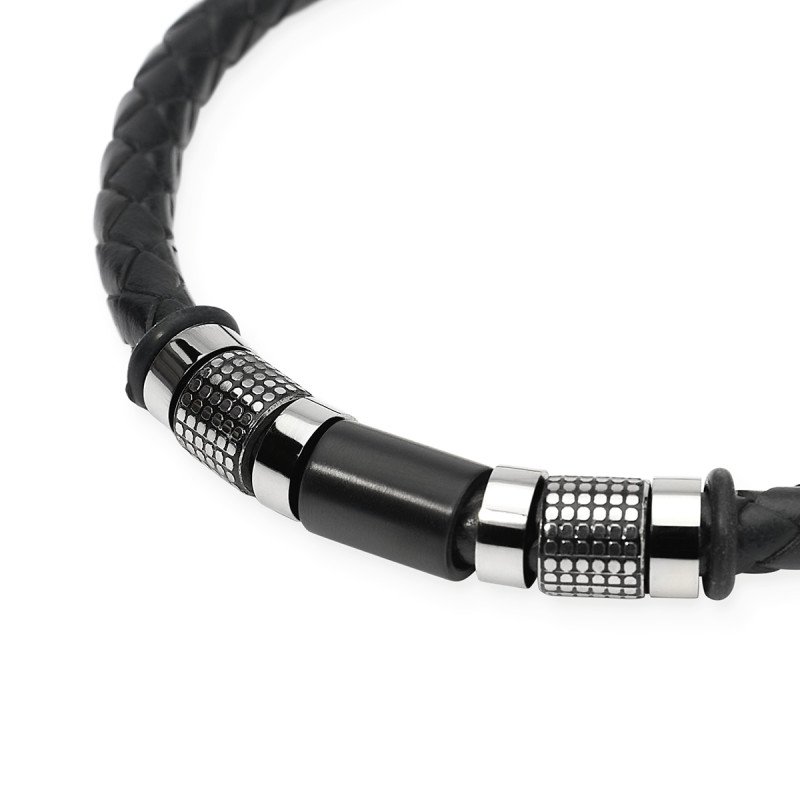 Bracciale in lab leather nera e cilindri borchiati - 831171