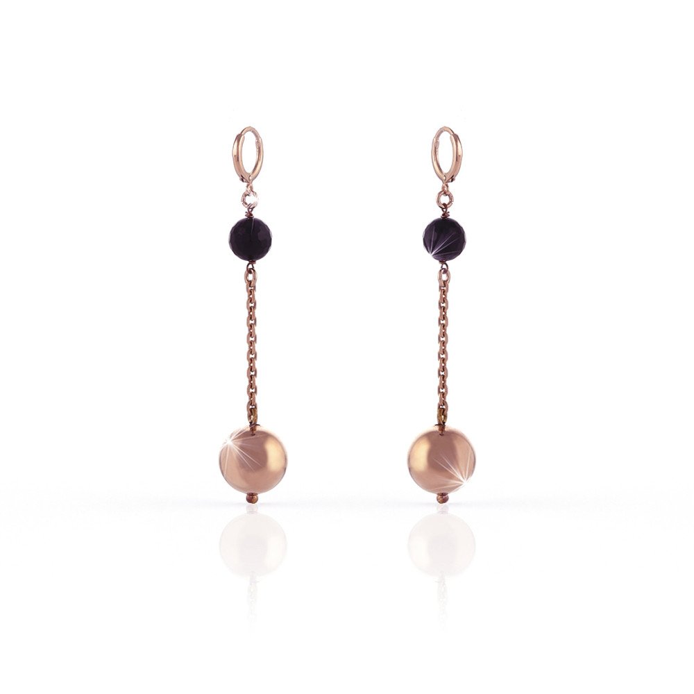 Orecchini sfera in bronzo dorato rosa e onice nera. - 1451