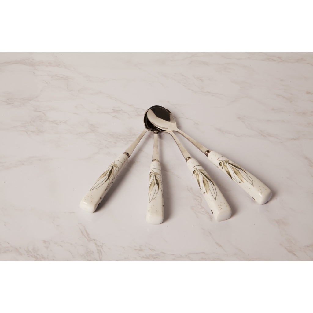 Set 4 cucchiaini con manico bianco e decorazioni di foglie. - 23042