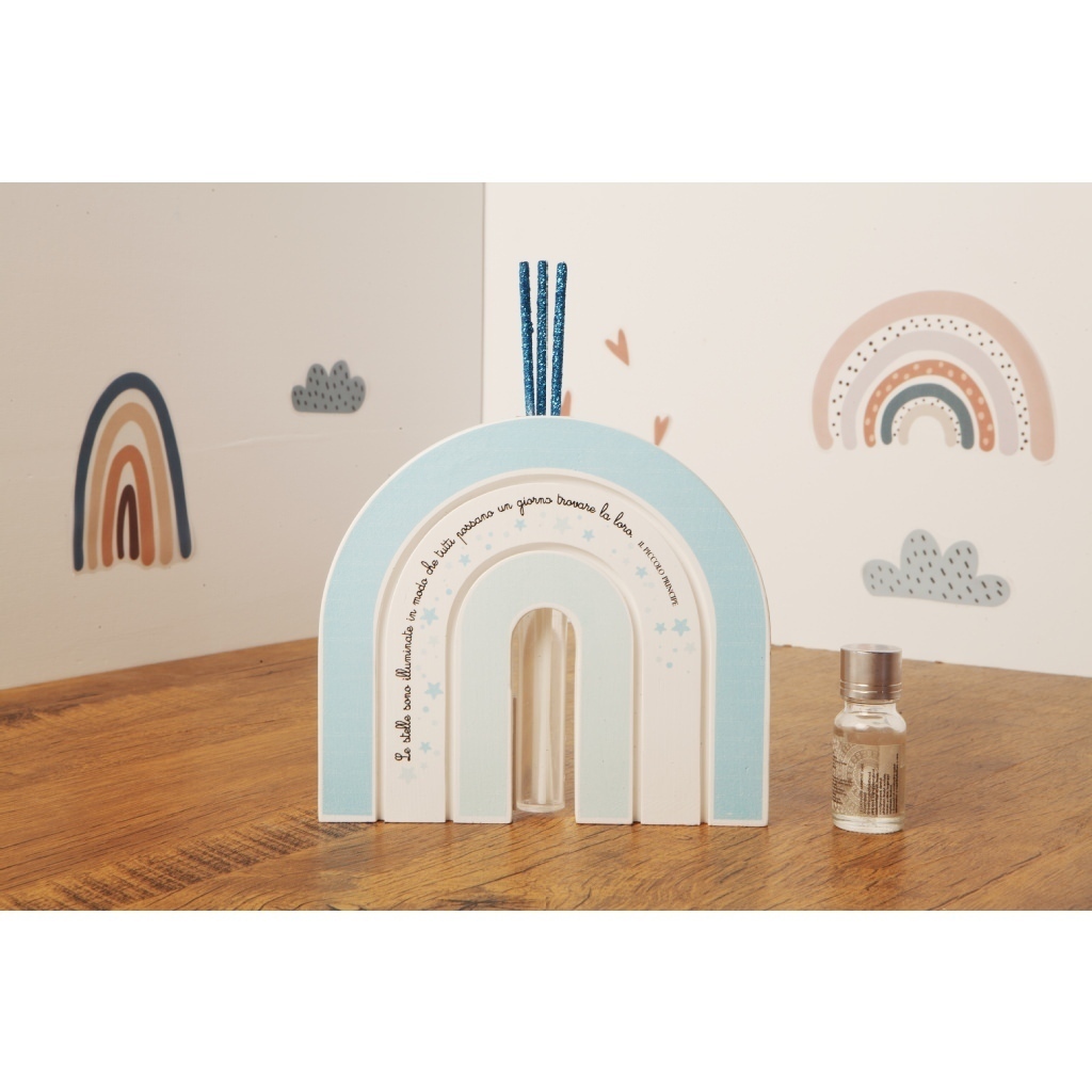 Profumatore arcobaleno con bastoncini celeste con glitter e comprende anche profumatore. - 23368