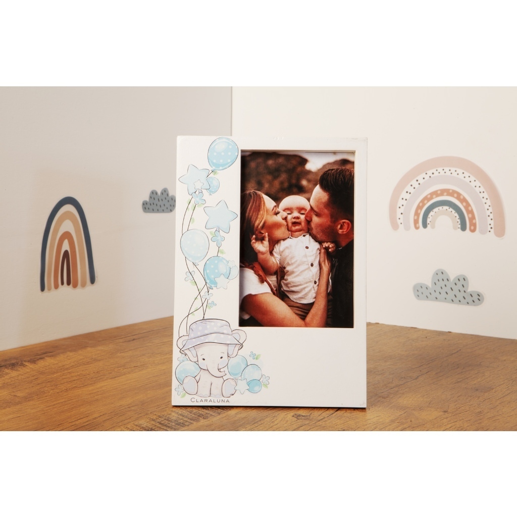 Portafoto elefante maschio con decorazioni e sfumature celeste. - 23938