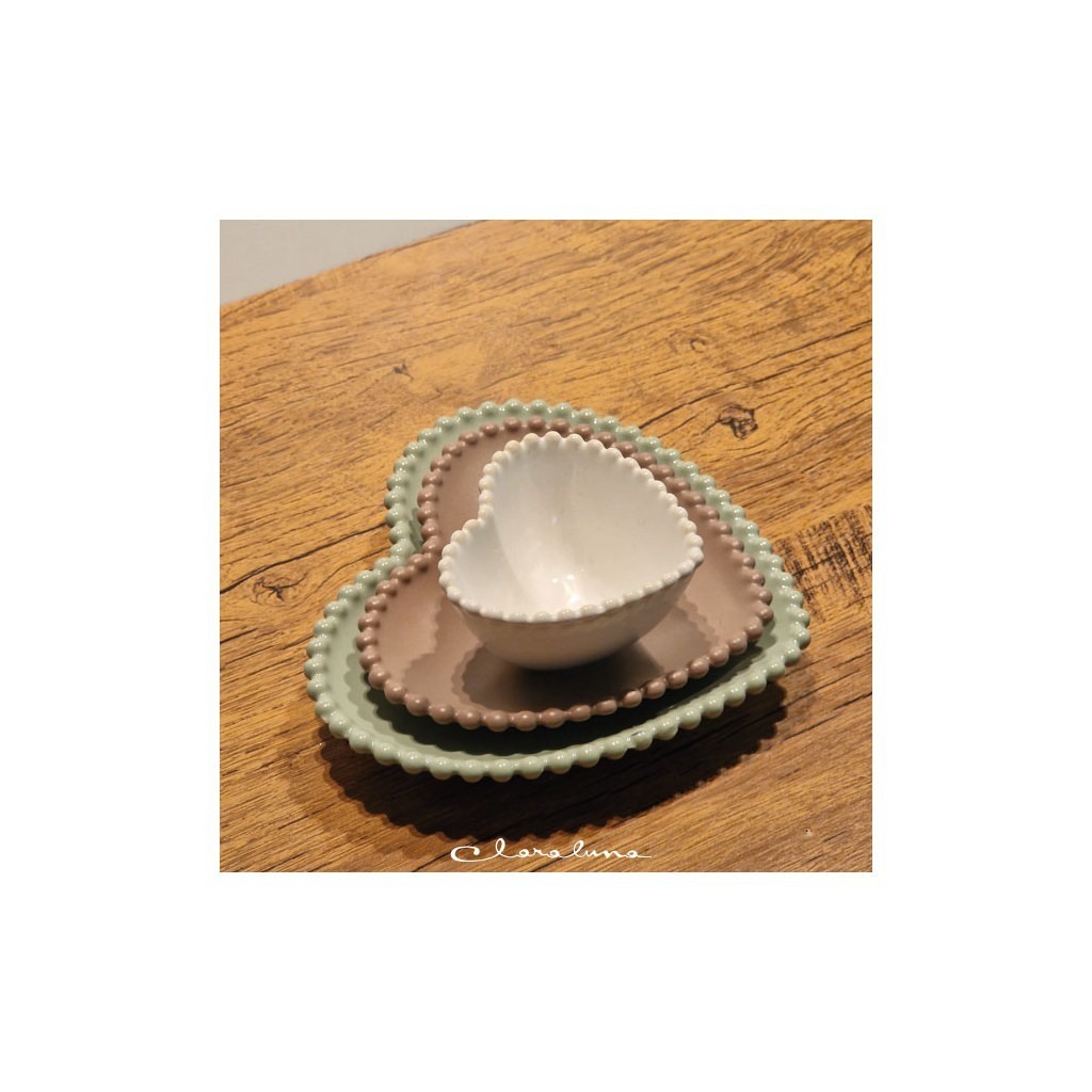 Set 3 piattini cuore piccolo bianco, medio tortora e grande verde. - tris12