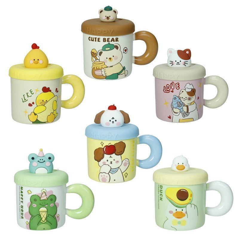 Tazza "l'allegra comitiva" in new bone china con tappo e cannuccia in silicone - 50027 Tazza "l'allegra comitiva" in new bone china con tappo e cannuccia in silicone - 50027