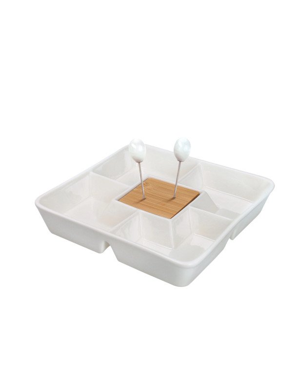 Antipastiera tetris porcellana bamboo con 2 forchhettine  inox - 51400
