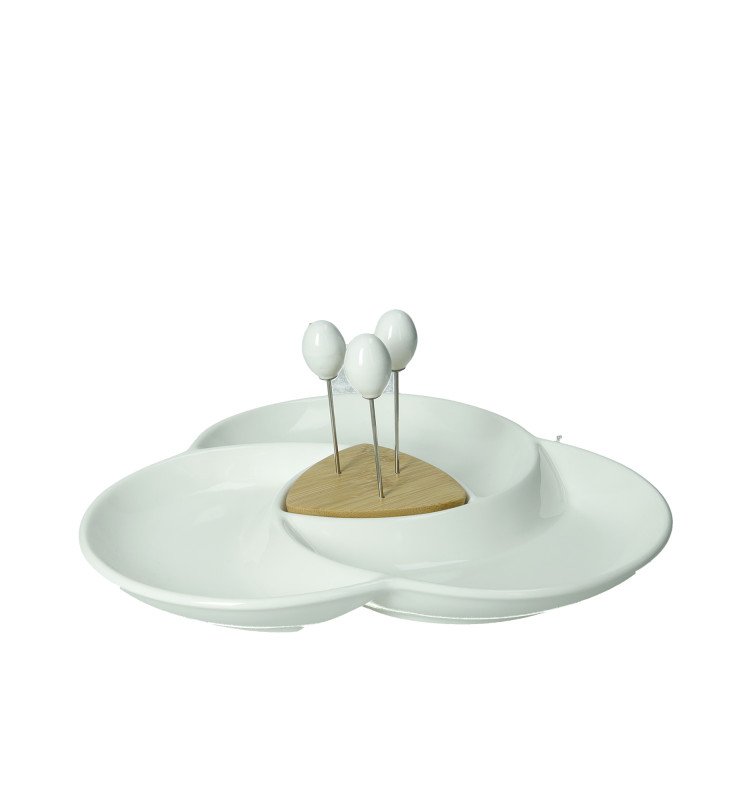 ANTIPASTIERA SPICCHIO DI LUNA PORCELLANA E BAMBOO CON 3 FORCHETTINE  INOX - 51674 ANTIPASTIERA SPICCHIO DI LUNA PORCELLANA E BAMBOO CON 3 FORCHETTINE  INOX - 51674