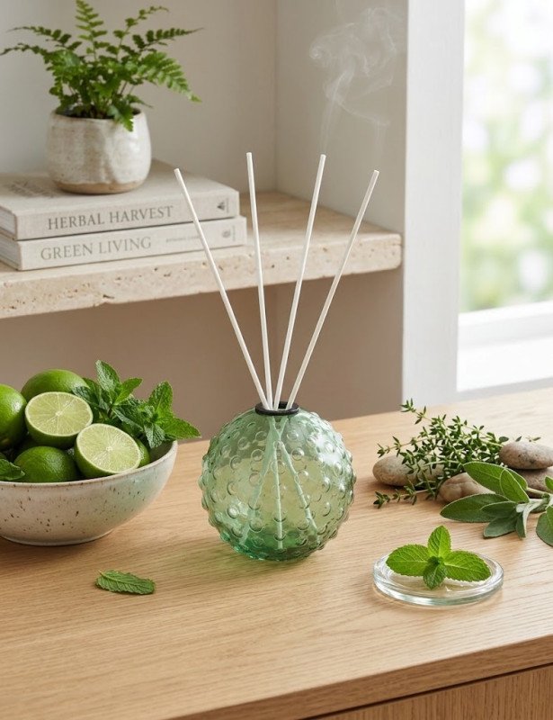 Diffusore di fragranza palla verde vetro con bastoncini fiber wood - 51826