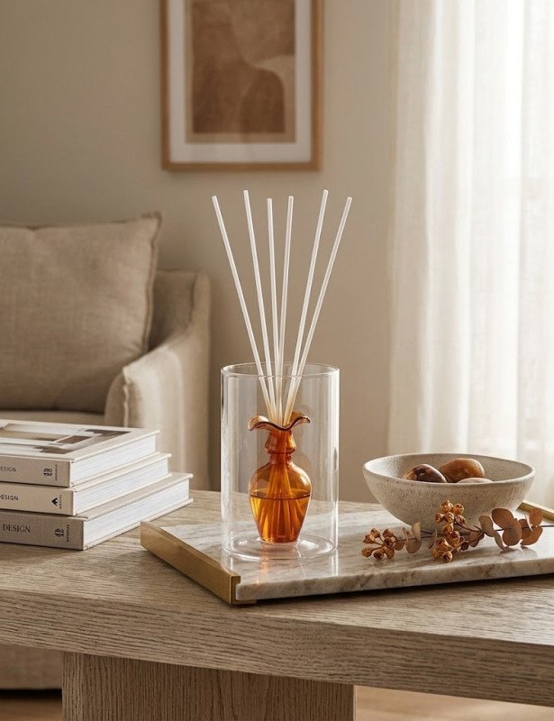 Diffusore di fragranza anfora ambra vetro con bastoncini fiber wood - 51828