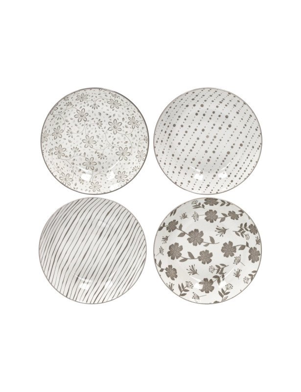 Piatto fondo loto tortora set 4 pz decori assortiti porcellana - 51959