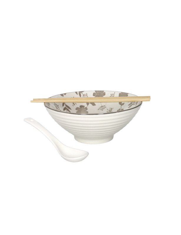 Ciotola loto fiori tortora set 2 pz con cucchiaio porcellana con 4 bacchette bamboo - 51962