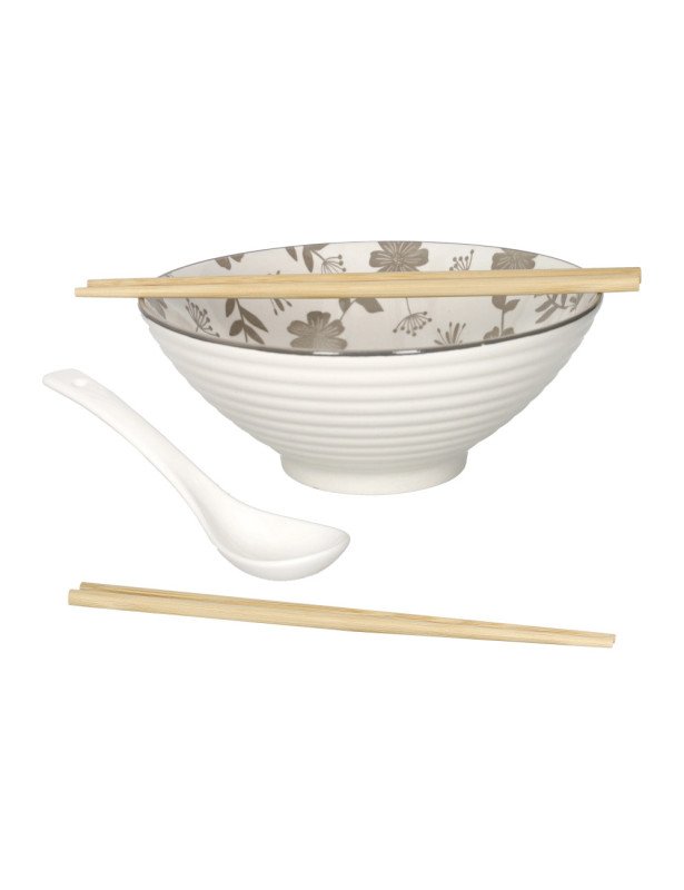 Ciotola loto fiori tortora set 2 pz con cucchiaio porcellana con 4 bacchette bamboo - 51962