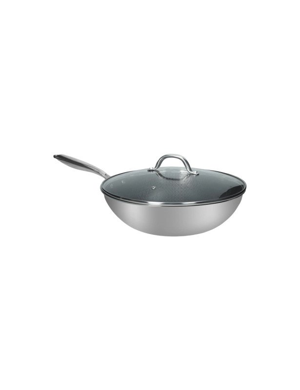 WOK  INOX ALLUMINIO E RIVESTIMENTO CERAMICA CON COPERCHIO VETRO - 52070 WOK  INOX ALLUMINIO E RIVESTIMENTO CERAMICA CON COPERCHIO VETRO - 52070