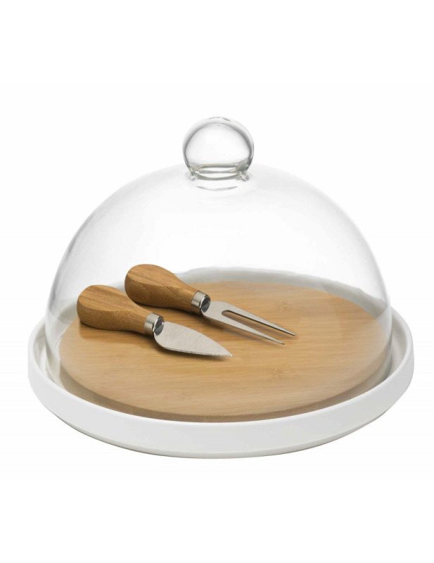 Tagliere porcellana/bamboo con 2colt form inox e cupola vetro - 52325