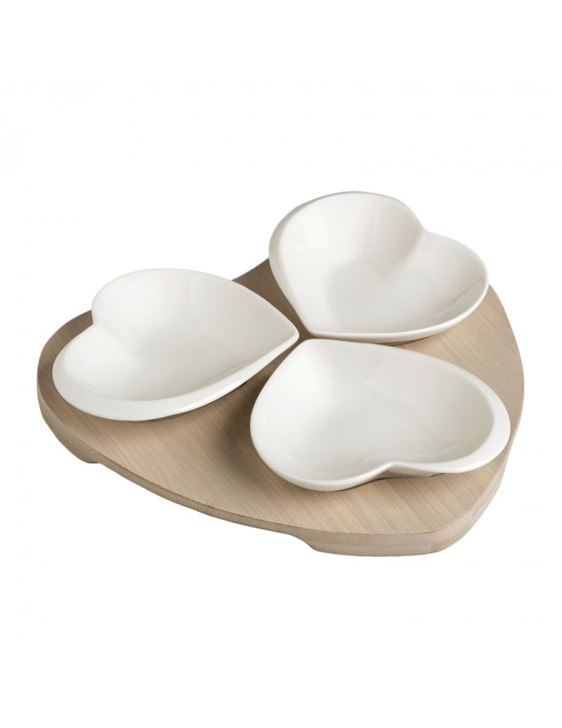Portassaggi 3 cuori porcellana bianca con superfice bamboo naturale - 53077 Portassaggi 3 cuori porcellana bianca con superfice bamboo naturale - 53077