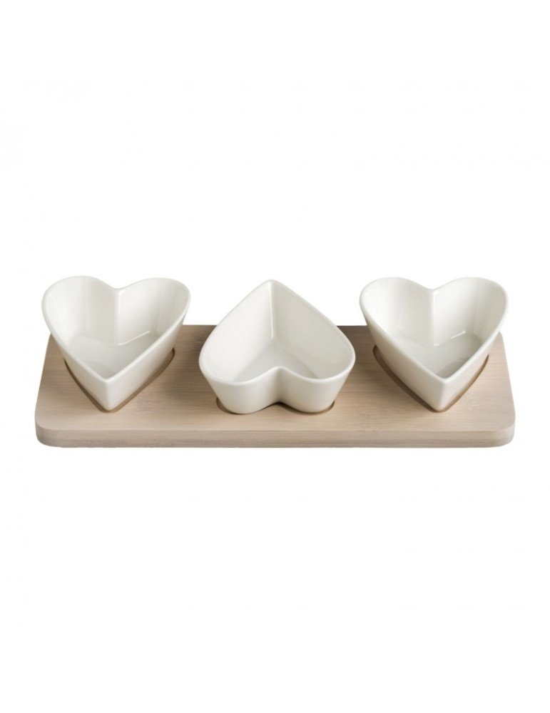 Portassaggi tris di cuori porcellana bianca con superfice bamboo naturale - 53078