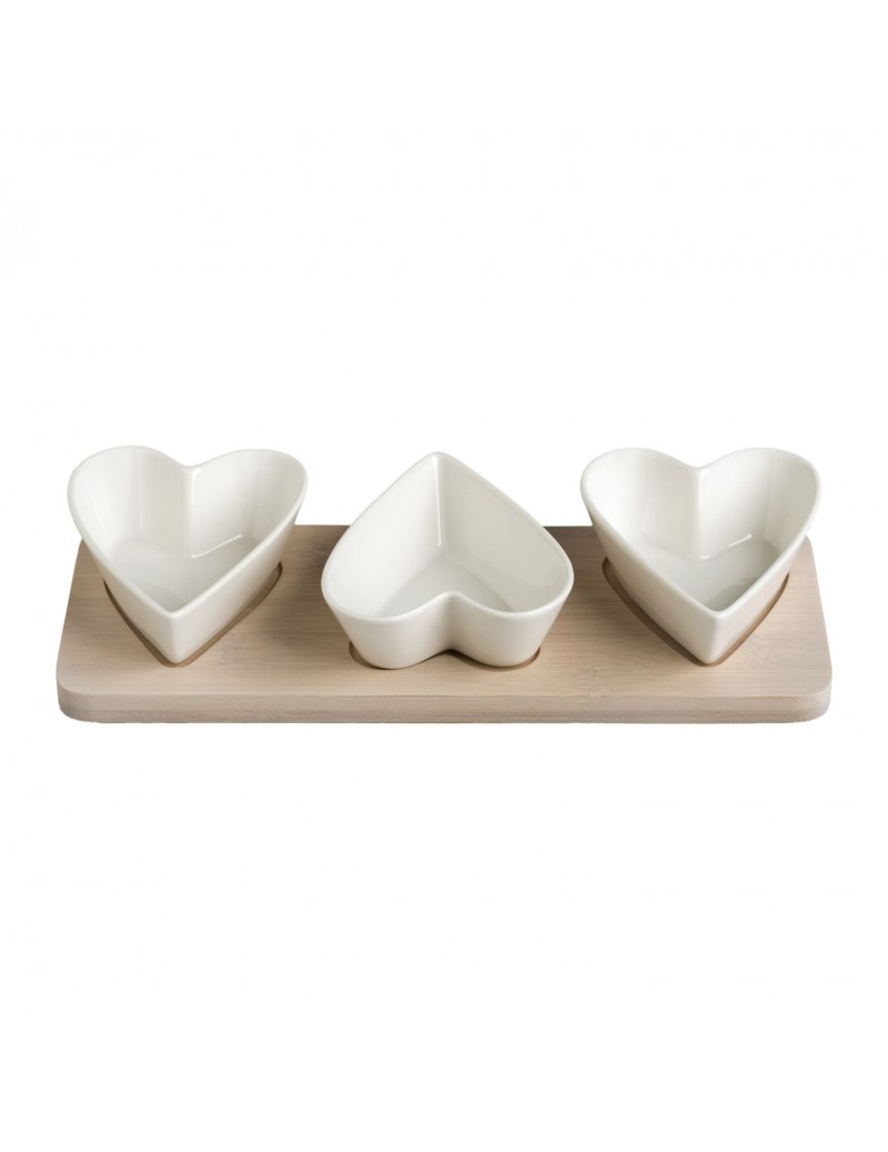 Portassaggi tris di cuori porcellana bianca con superfice bamboo naturale - 53078