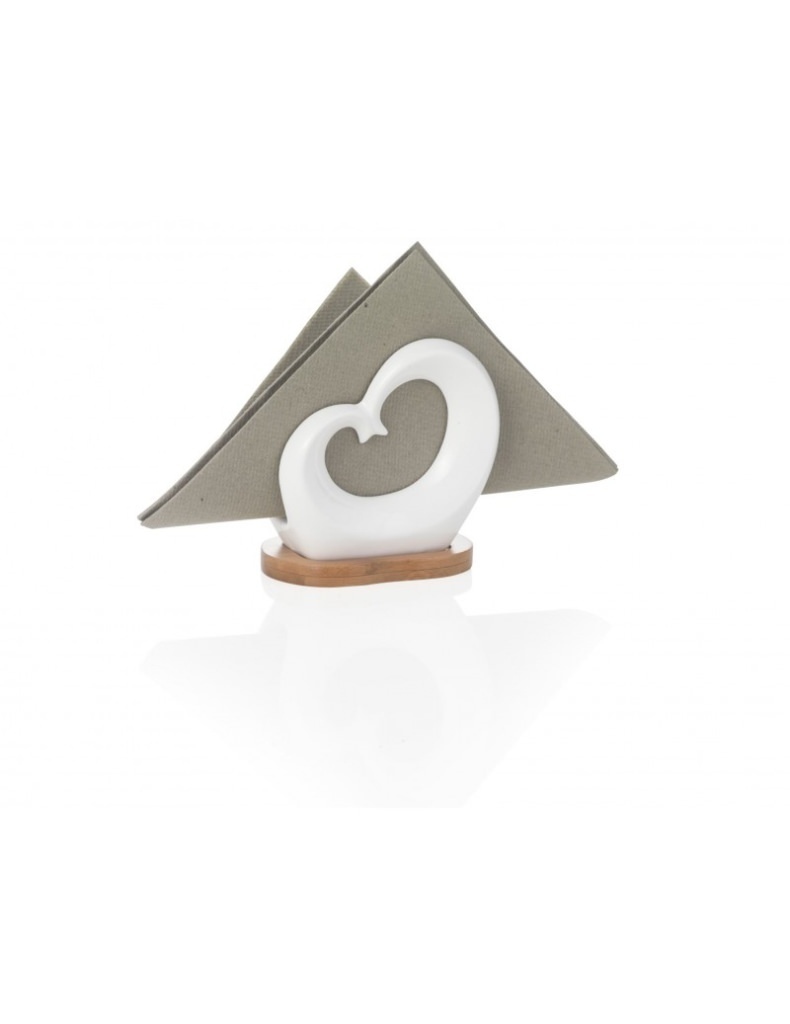 Portatovaglioli doppiocuore porcellana bianca con supp bamboo - 54145