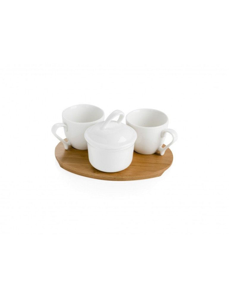 Coffee set 3 pezzi porcellana bianca con vassoio bamboo - 54207 Coffee set 3 pezzi porcellana bianca con vassoio bamboo - 54207