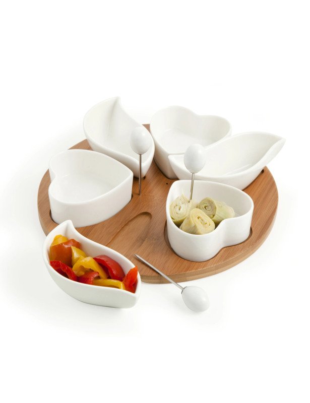 Antipastiera cupido porcellana bianca con superfice bambo con 3 forch inox - 55753