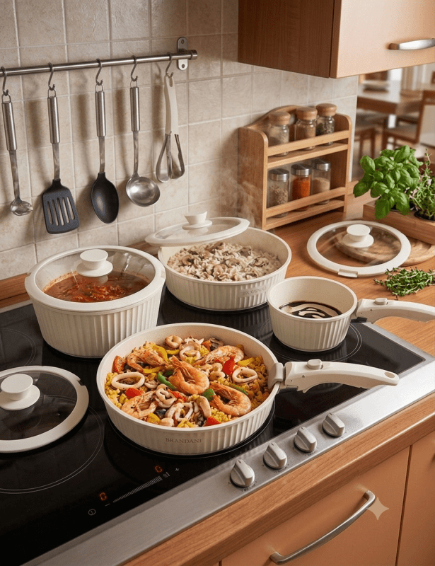 Smart set 8 pz padelle, coperchi e manici alluminio vetro temprato silicone - 80085