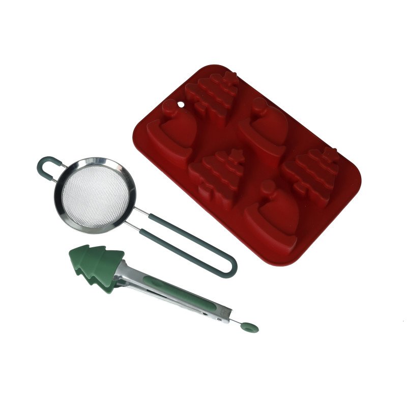 STAMPO BISCOTTI NATALE ROSSO SILICONE CON PINZA SILICONE E SETACCIO INOX - 82050 STAMPO BISCOTTI NATALE ROSSO SILICONE CON PINZA SILICONE E SETACCIO INOX - 82050