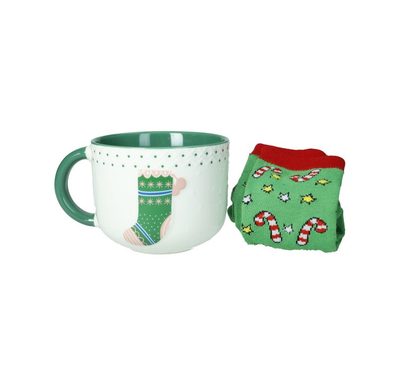 TAZZA COLAZIONE CALZA NEW BONE CHINA CON CALZINI COTONE - 83025