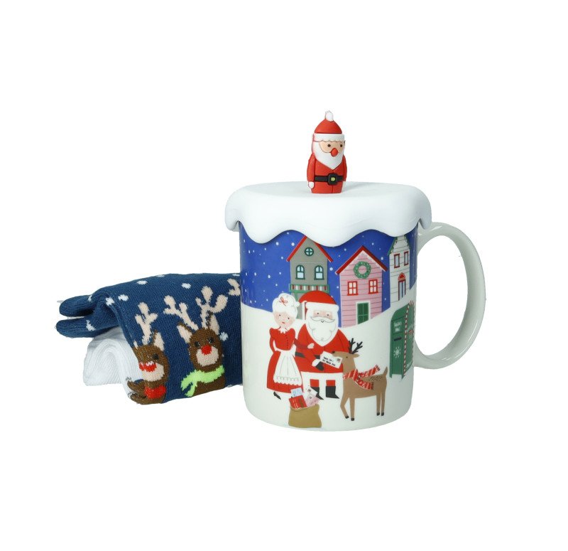 MUG NEW BONE CHINA CON TAPPO BABBO NATALE SILICONE E CALZINI COTONE - 83029