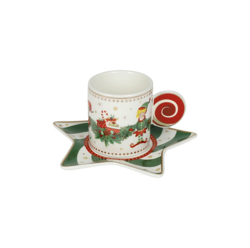 Tazzina caffè elfomagia bianco/rosso set 2 pezzi new bone china - 84559