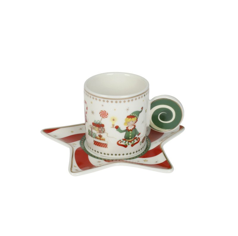 Tazzina caffè elfomagia bianco/verde set 2 pezzi new bone china - 84560