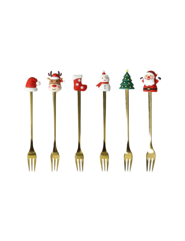 FORCHETTINA GOLD SOGGETTI NATALIZI ASSORTITI  SET 6 PEZZI  INOX E SILICONE - 89911