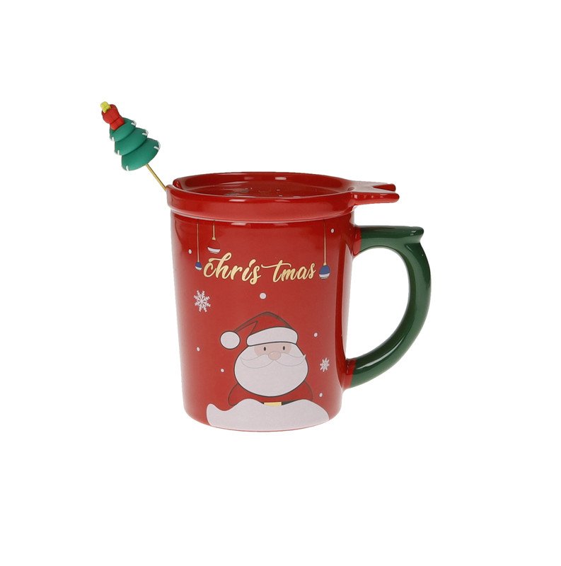 Mug C/Tappo Rosso New Bone China Con Cucchiaino Albero Gold Inox E Silicone - 89946