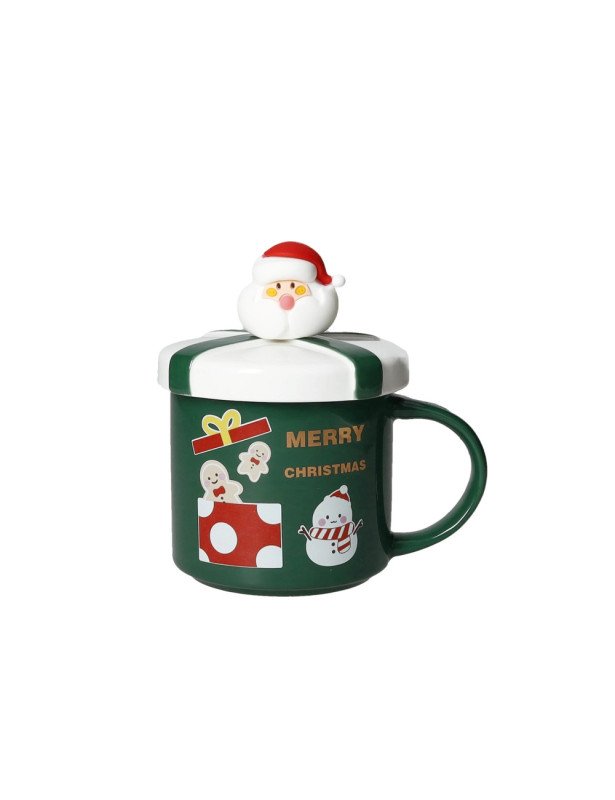 MUG CON TAPPO VERDE NEW BONE CHINA CON CUCCHIAINO BABBO NATALE GOLD INOX E SILICONE - 89947