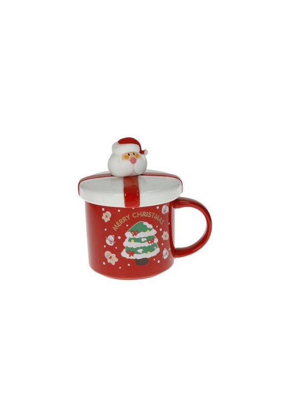 MUG CON TAPPO ROSSO NEW BONE CHINA CON CUCCHIAINO BABBO NATALE GOLD INOX E SILICONE - 89948