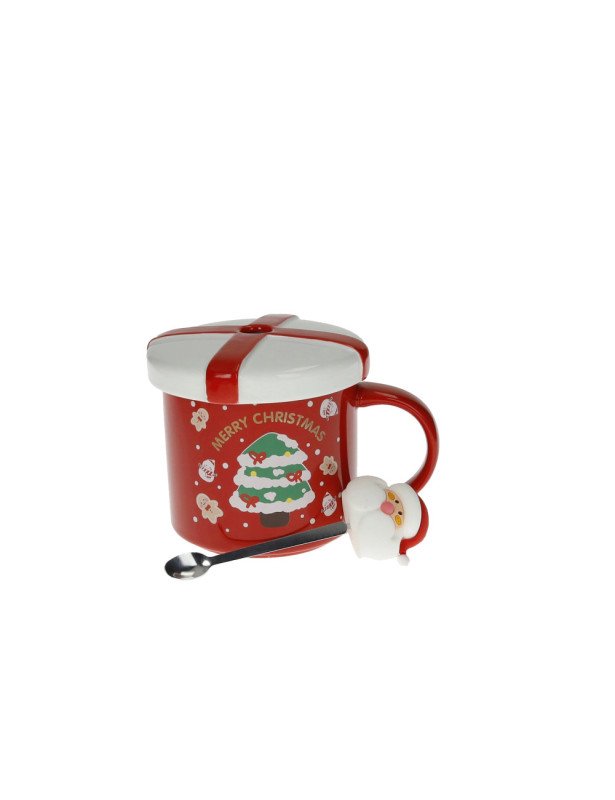 MUG CON TAPPO ROSSO NEW BONE CHINA CON CUCCHIAINO BABBO NATALE GOLD INOX E SILICONE - 89948