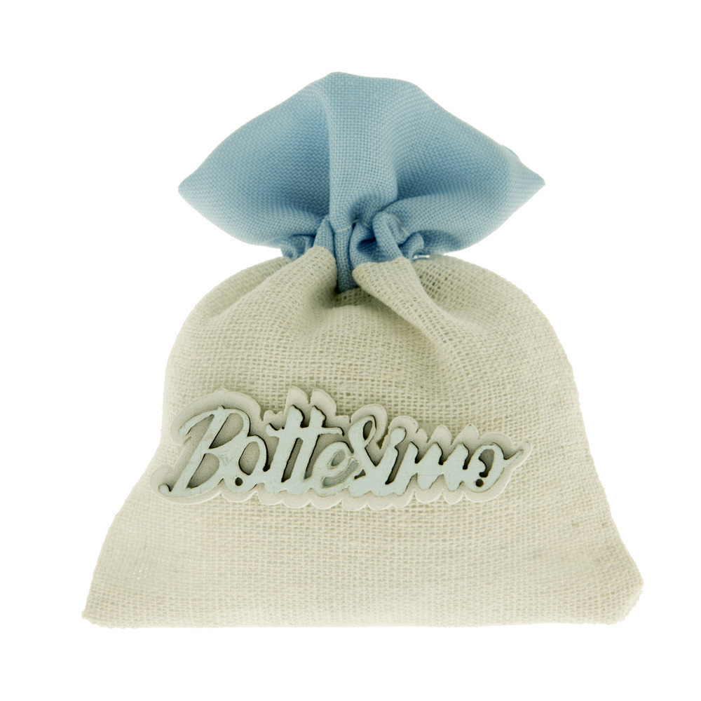 12 pz battesimo bag sacchetto tessuto celeste e beige con scritta in legno 10x12 cm .. - c2292