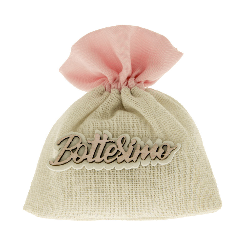 12 pz battesimo bag sacchetto tessuto rosa e beige con scritta in legno 10x12 cm .. - c2293