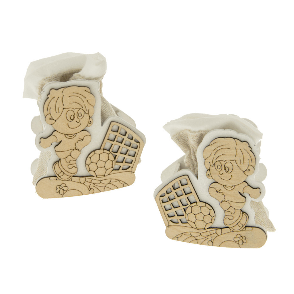 6 pz arte bag sacchetto sagoma calciatore legno Altezza 8 cm bomboniera portaconfetti - sc570