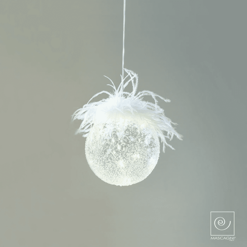 Palla in vetro con piume e luce led alimentazione a batterie - neutro - 20xc983