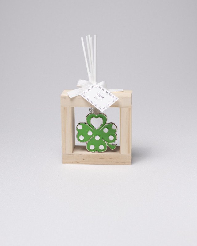 Profumatore decorato medio quadrifoglio verde con bacchette e profumo astuccio e sacchetto - pf2203