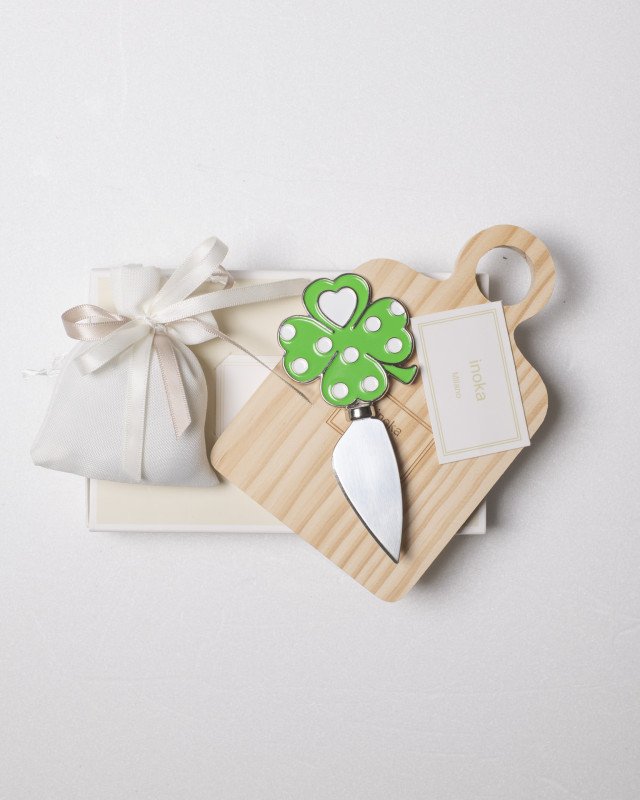 Tagliere coltello quadrifoglio verde e con astuccio e sacchetto 15 x10 cm - setcol13