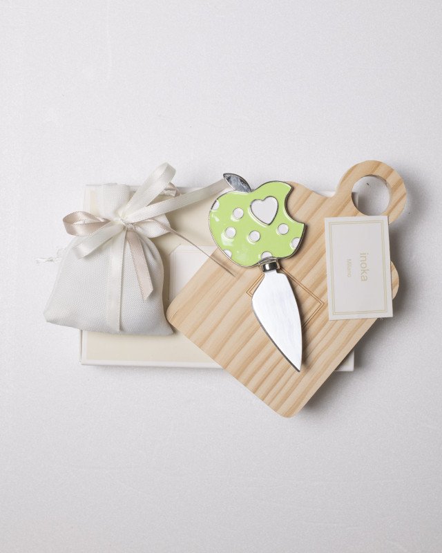 Tagliere coltello mela verde con astuccio e sacchetto 15 x10 cm - setcol16