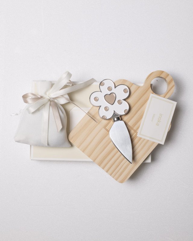 Tagliere coltello fiore bianco con astuccio e sacchetto 15 x10 cm - setcol21