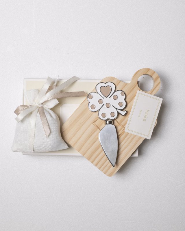 Tagliere coltello quadrifoglio bianco con astuccio e sacchetto 15 x10 cm - setcol23