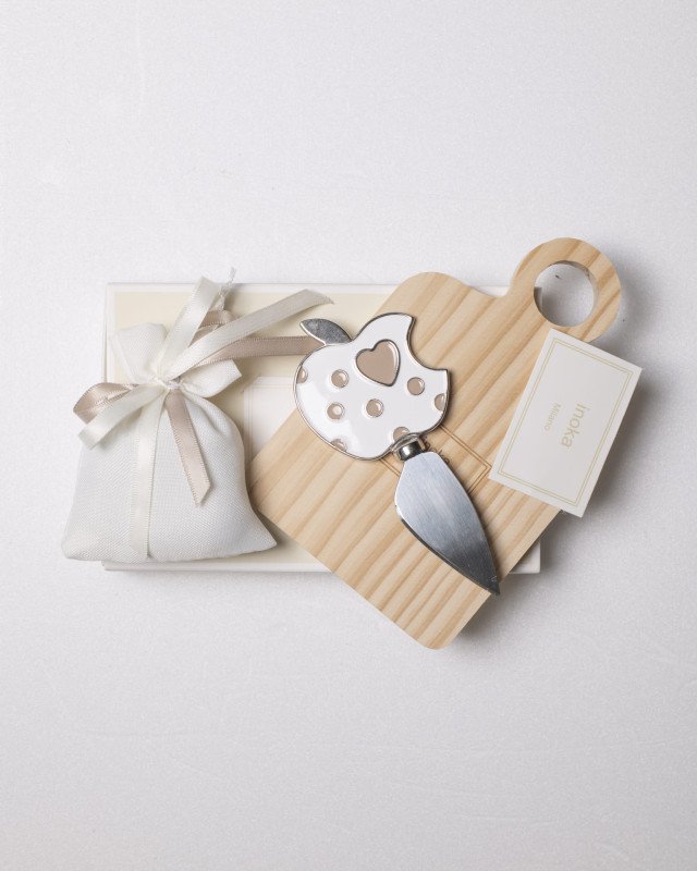 Tagliere e coltello mela bianco e con astuccio e sacchetto 15 x10 cm - setcol26