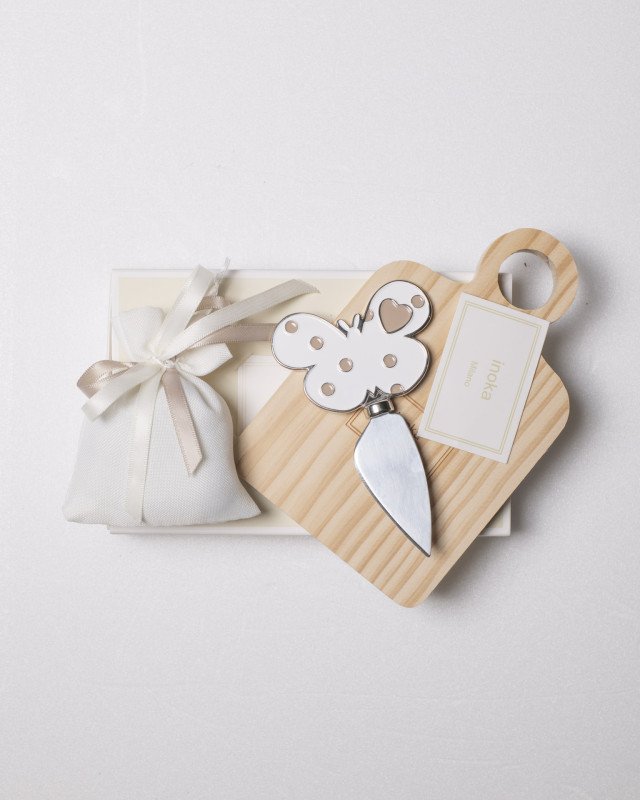 Tagliere e coltello farfalla bianco e con astuccio e sacchetto 15 x10 cm - setcol29