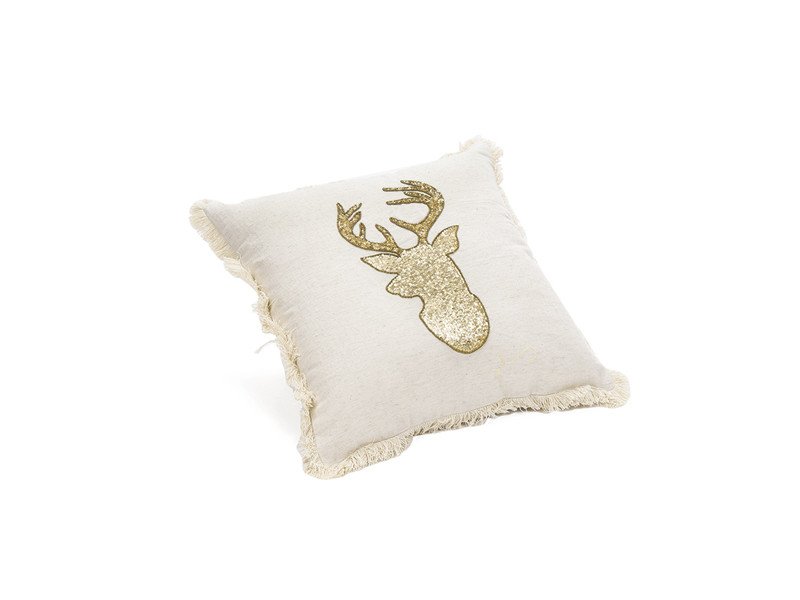 Cuscino cotone con renna e frange cm45x45 con imbottitura  colore natural/oro - b7193