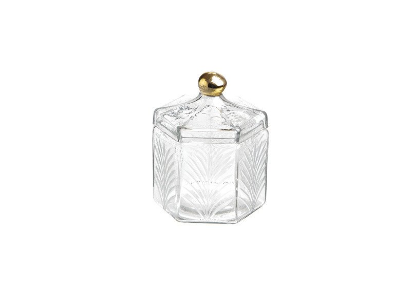 Barattolo esagonale vetro con pomello dorato cm 13x16 trasparente - b7527