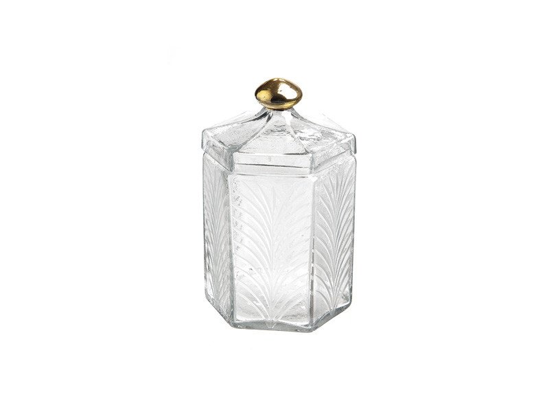 Barattolo esagonale vetro con pomello dorato cm 13x21 trasparente - b7528