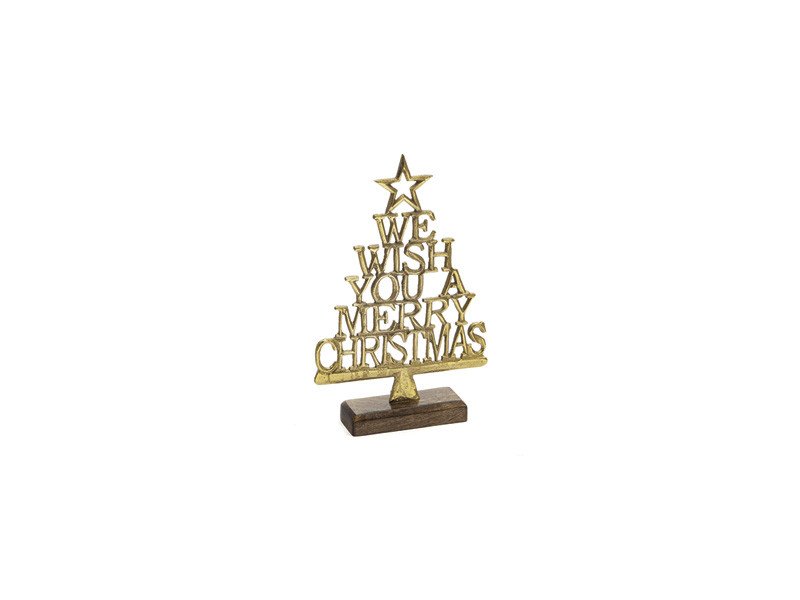 Alberello metal merry christmas con base legno cm20x30 mogano/oro - b7696